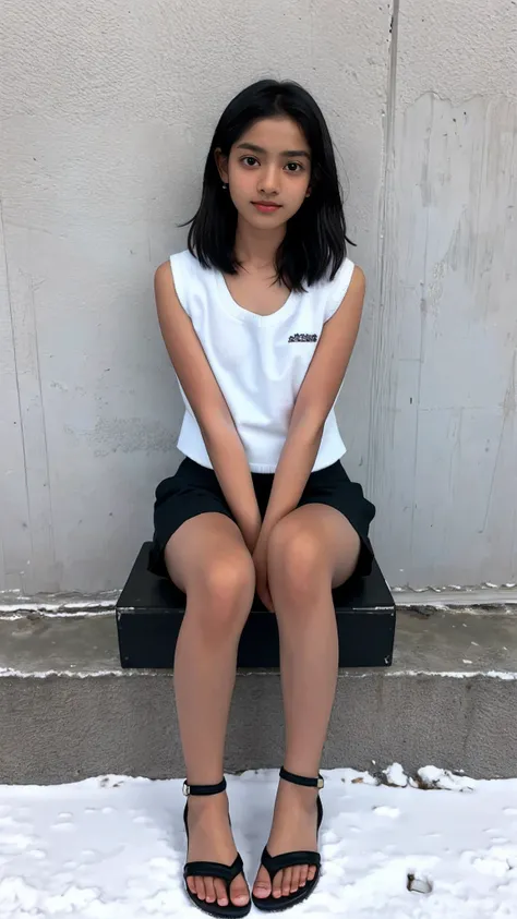 Youth woman（12year old），The-South-Asian ，Wear a white vest，Black panty，Black sandals，Sitting in a blizzard