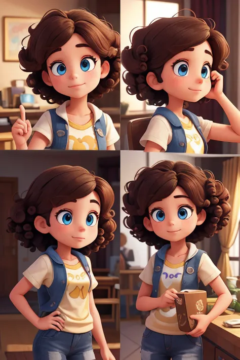 15 year old girl brown and curly haired.,in hand５Finger,Pretty eyes,10 different angles each, 3D, Disney style