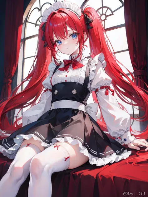 red hair,blue eyes,twintails,maid, long hair, long sleeves, gothic, solo, loli,Short skirt, white stockings,{{best quality}}, {{masterpiece}}, {{ultra-detailed}}, {illustration}, {detailed light}, {an extremely delicate and beautiful},little girl,cute,