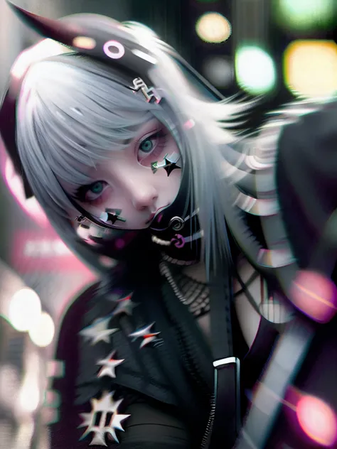 goth_punk, 1girl, solo, medium shot, walking in harajuku, ((night time)), bokeh, neon light, iridescent eyes, starry sky, white shimmer hair, white eyebrow, glowing hair, (iridescent white hair), earrings, bangs, jewelry, mask, blunt bangs, green eyes, mou...