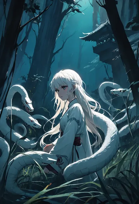 A small white snake，In the grass，Eerie light，Dark night，high high quality，fog atmosphere，(Chinese folk suspense supernatural comic style),High detail, Sharp focus, Dramatic，The art of painting by Midjourney and Greg Rutkowski, Bokeh on the background