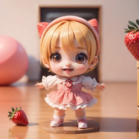 Cute Baby Chibi Anime、(((chibi3d))) (best quality), (masterpiece)、Weightlifter Chibi,Strawberry🎽、Bloomers on strawberries、Open your mouth and smile、espadrilles、National Gymnasium、short cut hair