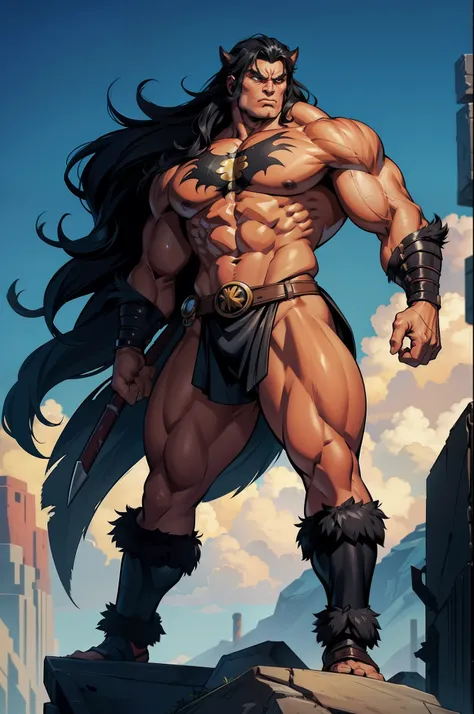 superhero barbarian, muscular, black hair, beastman, standing, 1character