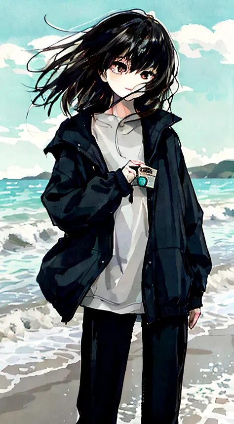 Long-haired anime girl standing on beach holding camera, conrad roset and makoto shinkai, Guviz-style artwork, in the style of makoto shinkai, makoto shinkai art style, Makoto Shinkais style, black haired girl wearing hoodie, Makoto shinkai style, style of...