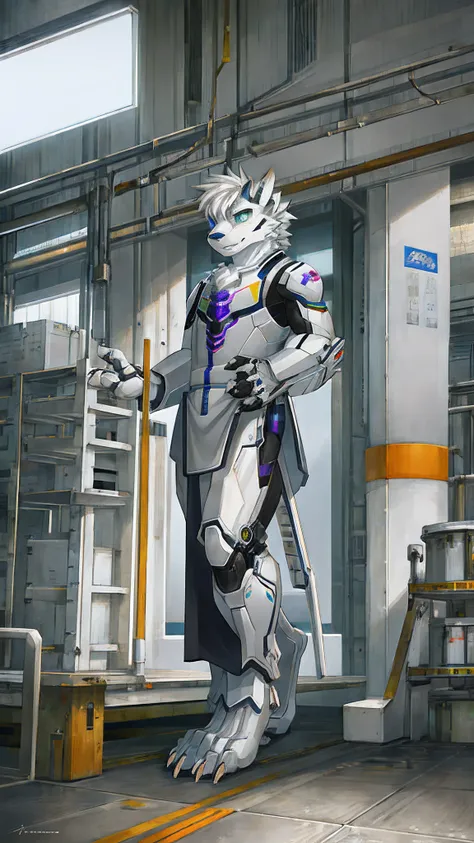 Bionic robot Dragon，White dragon，White Hanfu，Anthore，Stand on the conveyor belt of the factory，HD graphics，Detailed and realistic，high detal，high qulity，photo-realistic，photorealistic eye，Detailed paws，Clear eyes，Masterpiece artwork，Five-fingered hands，top...