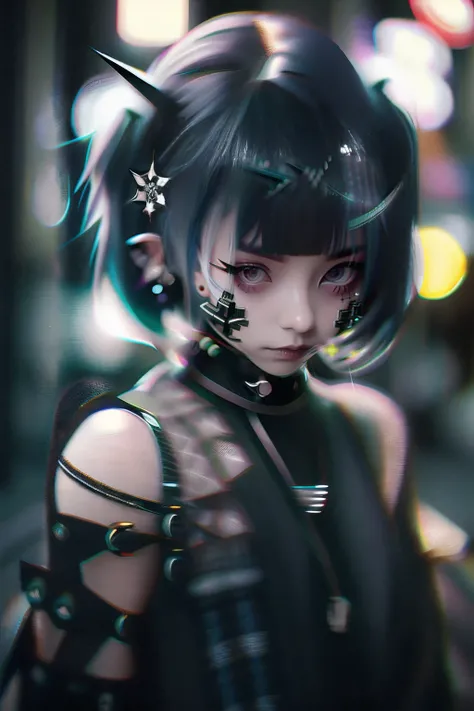 goth_punk, 1girl, solo, medium shot, walking in harajuku, ((night time)), bokeh, neon light, iridescent eyes, starry sky, white shimmer hair, white eyebrow, glowing hair, (iridescent white hair), earrings, bangs, jewelry, mask, blunt bangs, green eyes, mou...