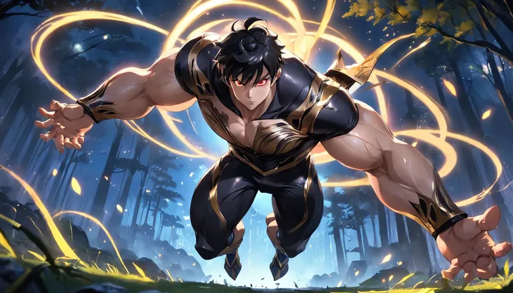 1 guy, ig model, league of legends, valorant, action pose, arms up, arms behind head, black hair, gold eyes, lewd face, muscular, wide hips, thick thighs, muscles, abs, realistic, ray traced, jungle, grass, trees, night, stars, moon, clouds