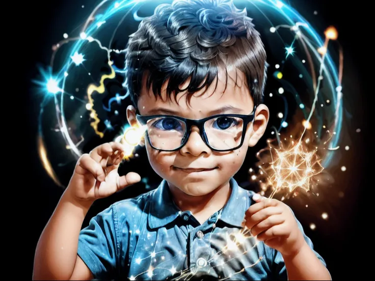 loranerdinho1, create an incredibly detailed illustration of a 3-year-old boy wearing glasses, usando magia. rays of blue and ye...