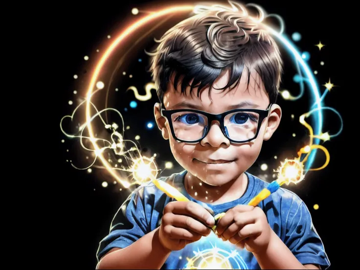 loranerdinho1, create an incredibly detailed illustration of a 3-year-old boy wearing glasses, usando magia. rays of blue and ye...