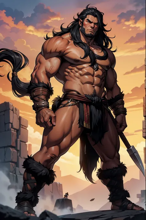 barbarian, muscular, black hair, beastman, standing, 1character