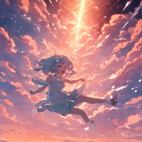 masterpiece, best quality, movie still, 1girl, cloud girl, floating in the sky, close-up, bright, happy, warm soft lighting, sunset, (sparks:0.7)