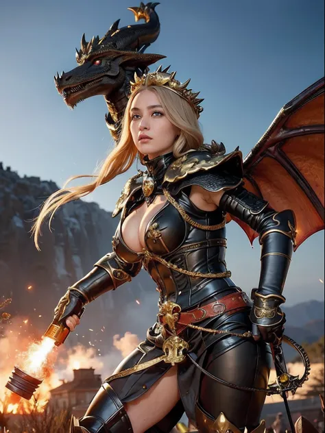 Professional , ​masterpiece、top-quality、photos realistic , depth of fields 、（Dragon Black Metal Body:1.９),(Mattretto、（cleavage of the breast）、Dragon Gold Weapon、（Micro Bikini Armor:1.４),Gorgeous gold weapons ,Particles of light、Particles of light、（（ Dragon...