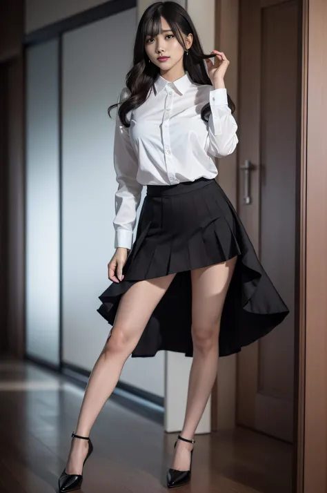 Charming beauties、Officelady、frill shirt、Black pleated skirt、black pantyhose、charming oval face、二重まぶた、Clear eyes、Dark red lipstick、Beautiful thin legs、toned ankles、The ultra -The high-definition、The ultra-detailliert、Elegant standing figure、Create a slende...