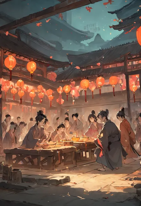 The wide courtyard in the village house of the Tang Dynasty men gathered to eat，Drinking bleak colors without lights