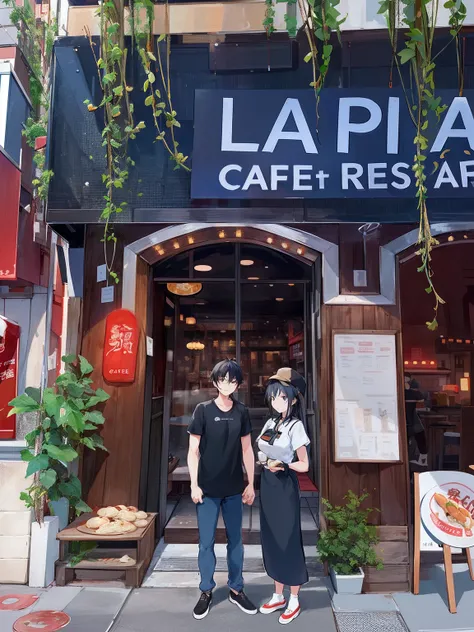 araffes standing in front of a restaurant with a sign that says la plac cafe and restaurant, in front of ramen shop, restaurant!!, restaurant in background, taken in 2022, taken in the early 2020s, profile image, standing in a restaurant, amazingly compose...