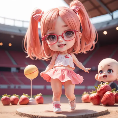 Cute Baby Chibi Anime、(((Chibi 3D))) (Best Quality), (masutepiece)、National Stadium、Javelin Chibi、Glasses with strawberry decoration、Strawberry Tank Top、Strawberry Shorts、Open your mouth and smile、