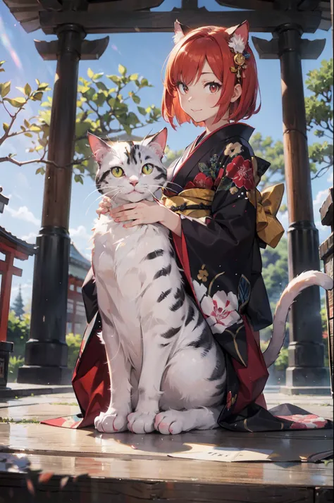 masutepiece, Best Quality, Detailed beautiful face and eyes, Full body, The best illustrations, PastelColors, (jpn、Shrine 1.4), Red torii gate, beauitful face, blurry backround, 10 year old beautiful girl, shinny skin, (１The tail of a cat in a book grows:1...