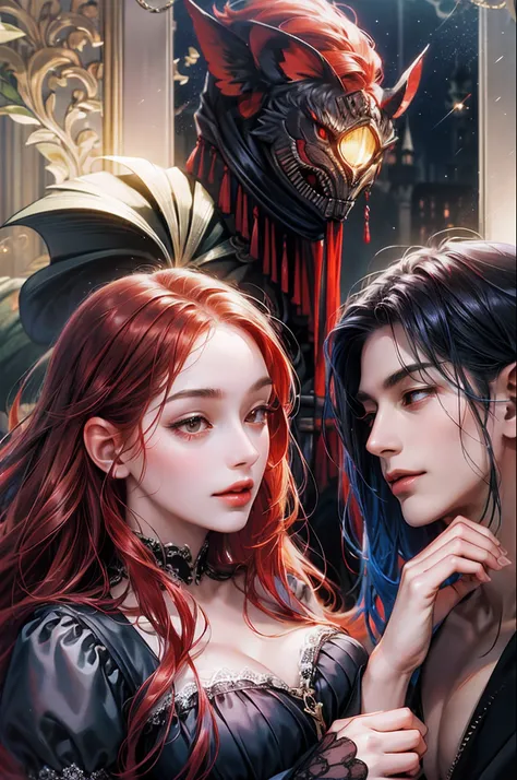 (absurdress, hight resolution, overdetalization), 2Others, couple, 1 male thief and 1 female princess, Mature, height difference, Different hair color, a happy, Love, Cuddling, upper-body, hairlong, black hair and red hair, Fantasy, night garden, Nocturnal...