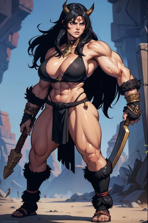 barbarian, muscular female, black hair, beastman, standing, 1character, huge breast, full body