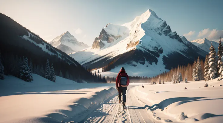 A man walking in the snow facing a mountain