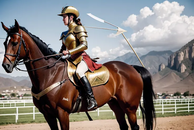 a gold armored pretty woman ride a horse has been hurt by an huge and long arrow