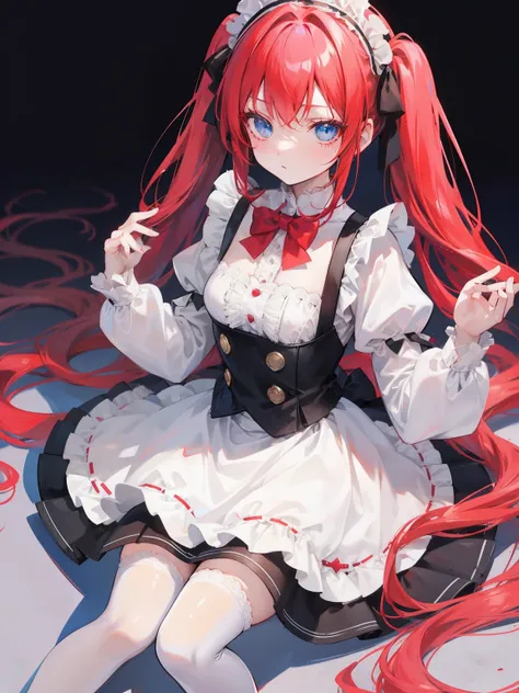 red hair,blue eyes,twintails,maid, long hair, long sleeves, gothic, solo, loli,Short skirt, white stockings,{{best quality}}, {{masterpiece}}, {{ultra-detailed}}, {illustration}, {detailed light}, {an extremely delicate and beautiful},little girl,cute,