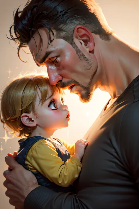 Fathers Day poster, flat illustration, strong father holding cute child, sparkling big eyes, warm home background, perspective, chiaroscuro, warm color, bright background, flat illustration father ,