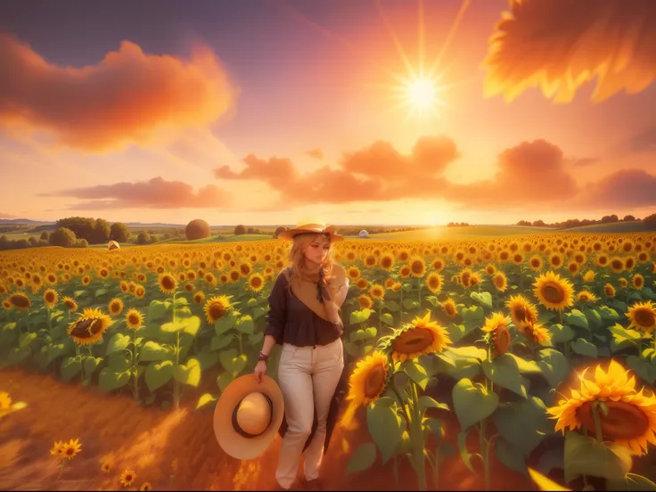 there is a woman standing in a sunflower field with a hat, standing in a flower field, standing in flower field, sunflowers in the background, traveling in france, scene: sunflower field, scene : sunflower field, sunflower field, field of sunflowers, with ...