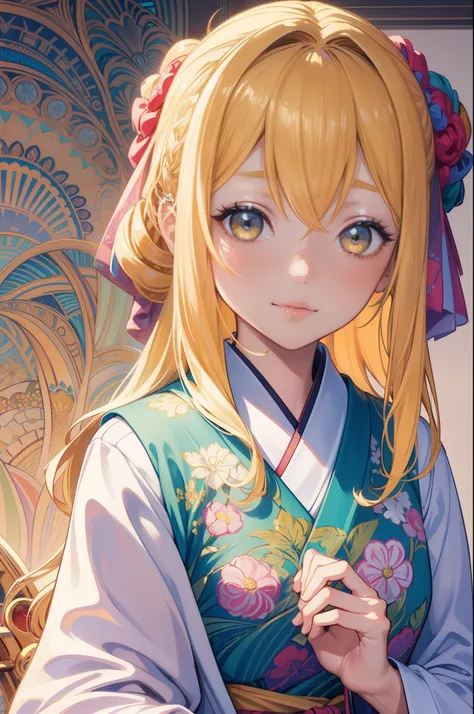 (Masterpiece), (best quality), illustration of young girl with freckles、blushed, anime、 1. **fashion**: wearing Japanese Yukata or Kimono attire, 2. **hairstyle on**: tie her hair up, hair color is platina blond, transparent and shining hair, 3. **Features...