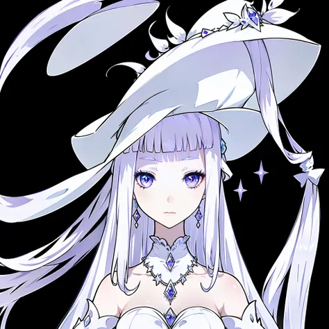 white long and straight pure white hair,white sunhat covering one eye,purple eye,white dress,diamond silver necklace with a blue...