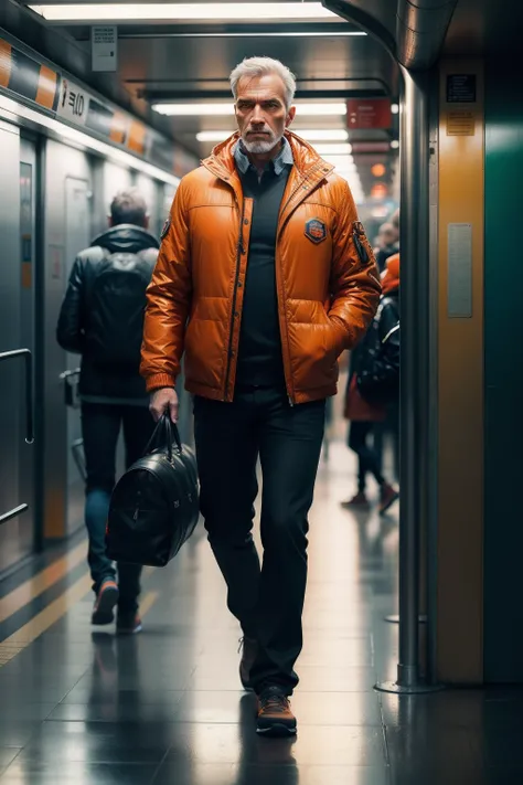 realistic 8k image of a 50 year old man, wearing an orange jacket, walking in a subway station