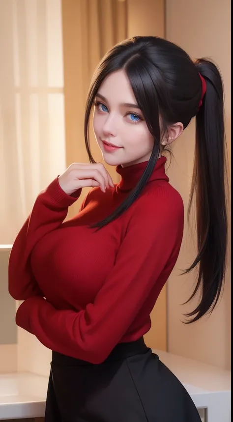 JooRidef, black hair, long hair, blue eyes, large breasts, 
1girl, solo, looking at viewer, smile, red turtleneck shirt, black skirt, standing, upper body, ponytail, 
masterpiece, best quality,8k, realistic