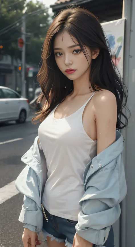 ((Best quality, 8K, Masterpiece :1.3)), Sharp focus :1.2, perfect figure beautiful woman:1.4, Slim abs:1.2, ((Layered Hair Style,)), (Tank top shirt:1.1 ), (the street:1.2), Highly detailed facial and skin texture, A detailed eye, 二重まぶた,（torn laundry：1.5），...