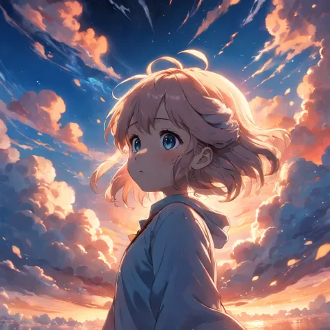 Masterpiece, Best Quality, Movie Stills, 1girl, Cloud Boy, Floating in the Sky, Close-up, Bright, Happy, Warm Soft Lights, Sunset, (Sparkle: 0.7)