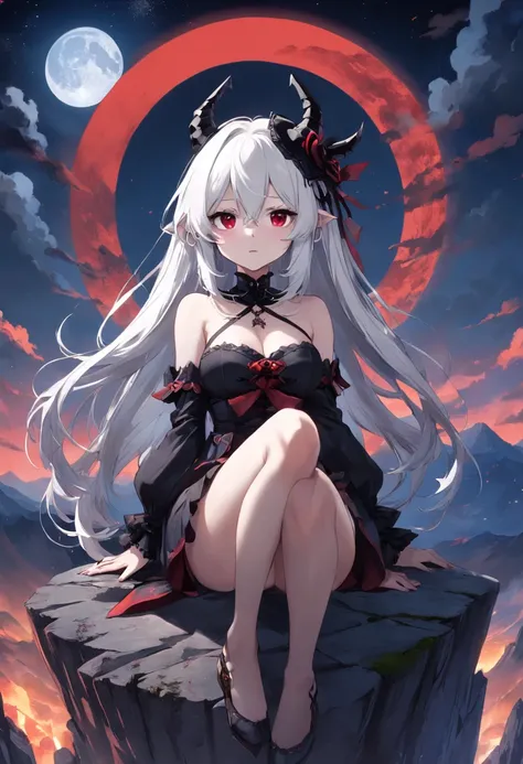 Girl with white hair and black stockings sitting on top of a mountain, demon anime girl, Raised sexy， gothic maiden，Black night sky，Huge red full moon in the center of canvas，Magical fantasy，Hat