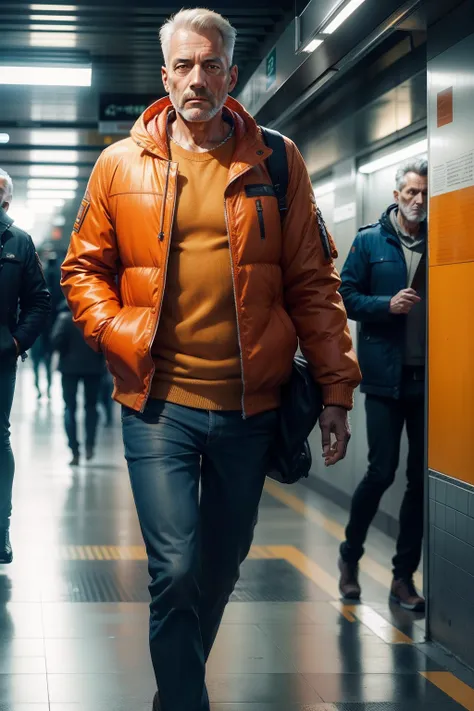 realistic 8k image of a 50 year old man, wearing an orange jacket, walking in a subway station