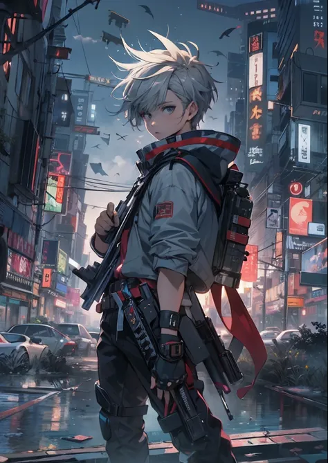 1boy,a 13 yo boy、Cyberpunk Boy、katanas,Spiky hairstyle、Tank Tops、Whole body bloody、Pulling composition、The beginning of the adventure、Lots of clouds,heavy fog、Midnight,darkness,Chaotic city of the future、ruined and devastated city、dystopian、A group of very...