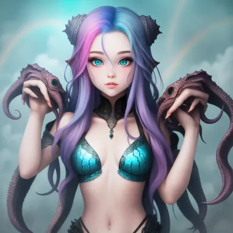 Cthulhu Beautiful Girl Rainbow Hair Color Three Heads and Six Arms Heterochromic Pupils