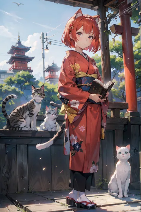 masutepiece, Best Quality, Detailed beautiful face and eyes, Full body, The best illustrations, PastelColors, (jpn、Shrine 1.4), Red torii gate, beauitful face, blurry backround, 10 year old beautiful girl, shinny skin, (１The tail of a cat in a book grows:1...