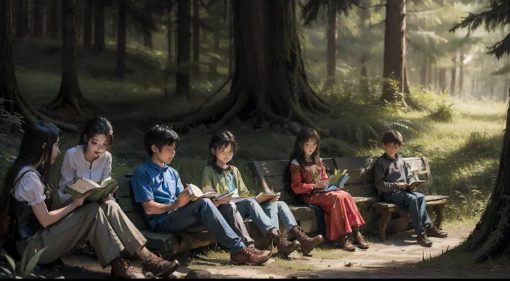 A Bunch of kids listen of story reading by A princess in forest