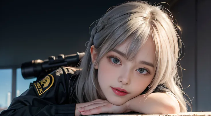 （Girl sleeping face down in big office）, Silver hair, Bangs, Blunt bangs, Long hair, Braiding（poneyTail）, aqua eyes, longeyelashes, Solid Circle Eyes, makeup, Open mouth, blush, Parted lips, Bright pupils, smiley, Seductive smile, glint, surrealism, Modern...