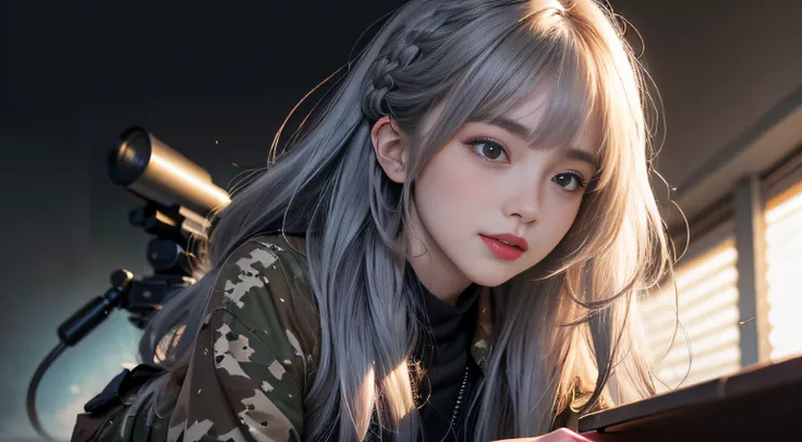 （Girl sleeping face down in big office）, Silver hair, Bangs, Blunt bangs, Long hair, Braiding（poneyTail）, aqua eyes, longeyelashes, Solid Circle Eyes, makeup, Open mouth, blush, Parted lips, Bright pupils, smiley, Seductive smile, glint, surrealism, Modern...