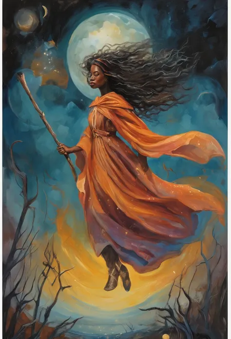 masterpiece, best quality, ultra-detailed, illustration, 1girl, solo, fantasy, flying, broom, night sky, outdoors, magic, spells, moon, stars, clouds, wind, hair, cape, hat, boots, broomstick, glowing, mysterious, enchanting, whimsical, playful, adventurou...