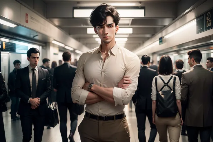 Ultra realistic 8k image of a slim 25 year old male, short black hair, extremely detailed eyes, dressed in a beige button-up shirt and beige pants, standing with arms crossed in a subway station, pensive expression