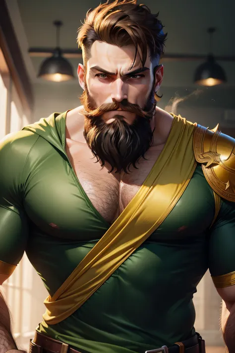 Create the image of a hero with a short beard, Dressed in green and gold.