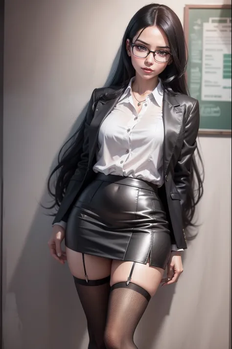 A female teacher is in the school, Long black hair, Psychopath, Queen, Suit, mini skirt, The Red High Heels, White rimmed glasses, Black stockings, Full body photo, Hyperrealism, masterpiece, textured skin, award winning, best quality, high quality, 16k