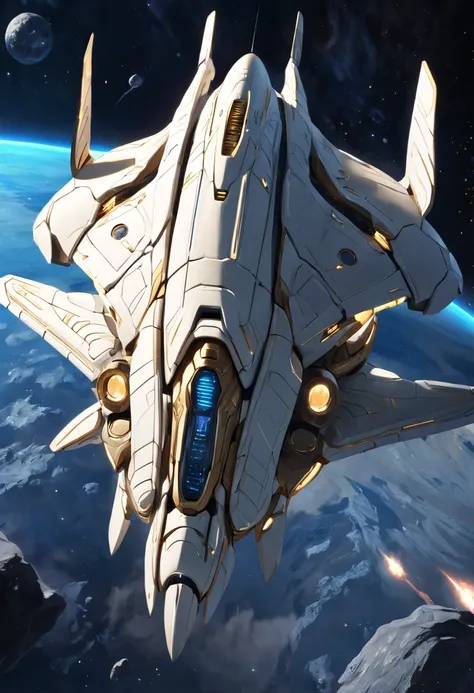 Ivory white and gilded spaceship，Like the prototype of StarCraft, A two-winged spaceship flying in the sky at night, Dark ( Spaceship ), scifi spaceship, cartoon fantasy spaceship, futuristic spaceship, alien space ship flying in space, spaceship far on th...