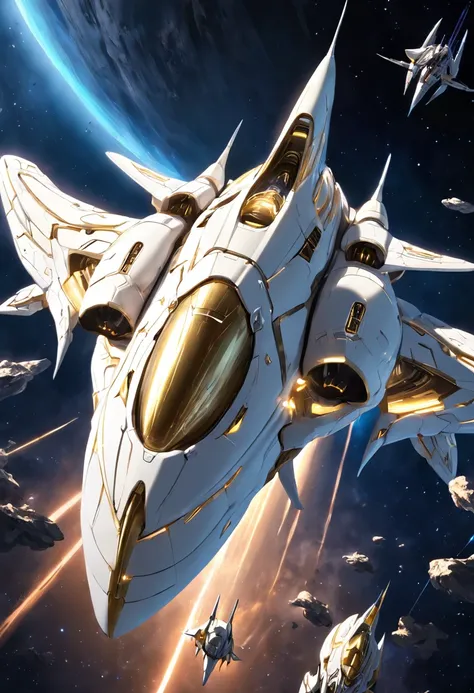 Ivory white and gilded spaceship，Like the prototype of StarCraft, A two-winged spaceship flying in the sky at night, Dark ( Spaceship ), scifi spaceship, cartoon fantasy spaceship, futuristic spaceship, alien space ship flying in space, spaceship far on th...