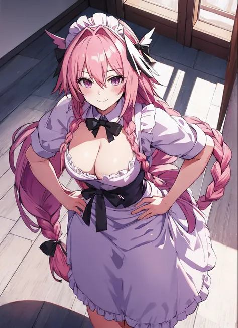 (masterpiece:1.2), ultra-detailed, illustration, , Astolfo, long braid, looking at viewer, purple eyes, hair between eyes,  hair bow, 1boy, black bow, male focus, otoko no ko, solo, pink hair, single braid, long hair, hair intakes, streaked hair, from abov...