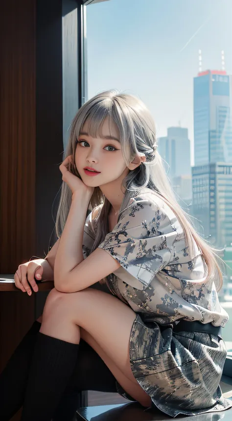 （Girl sleeping face down in big office）, Silver hair, Bangs, Blunt bangs, Long hair, Braiding（poneyTail）, aqua eyes, longeyelashes, Solid Circle Eyes, makeup, Open mouth, blush, Parted lips, Bright pupils, smiley, Seductive smile, glint, surrealism, Modern...